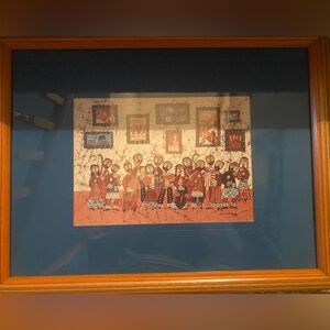 Framed Folk Art Print with Blue Mat